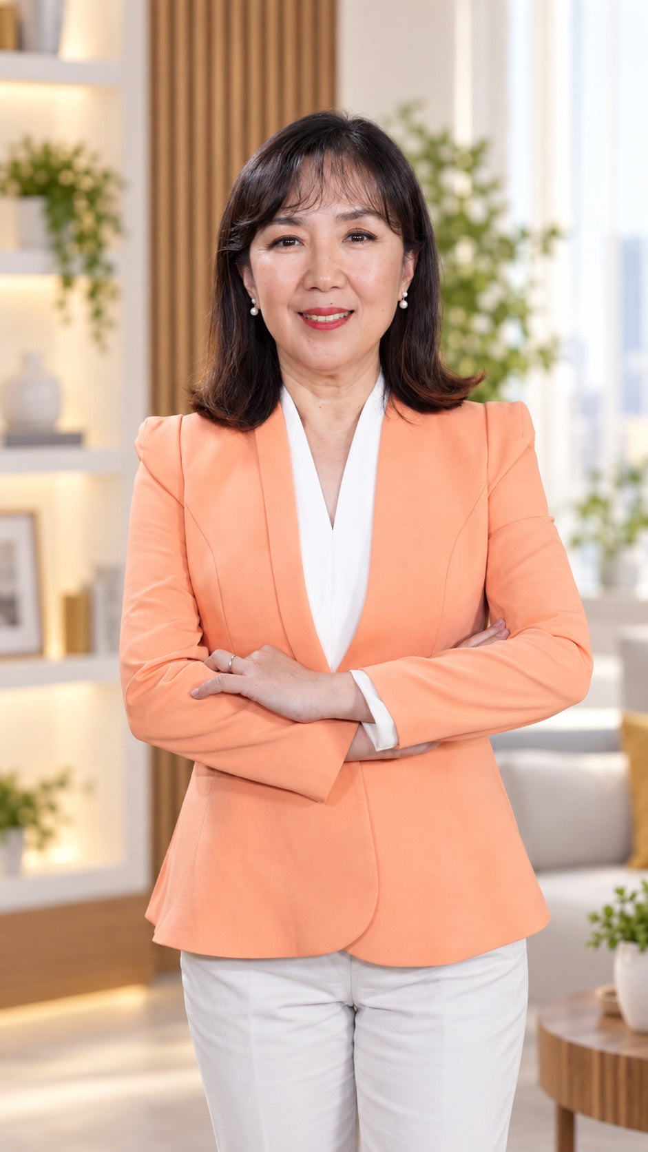 高潔,穿著暖橘色西裝