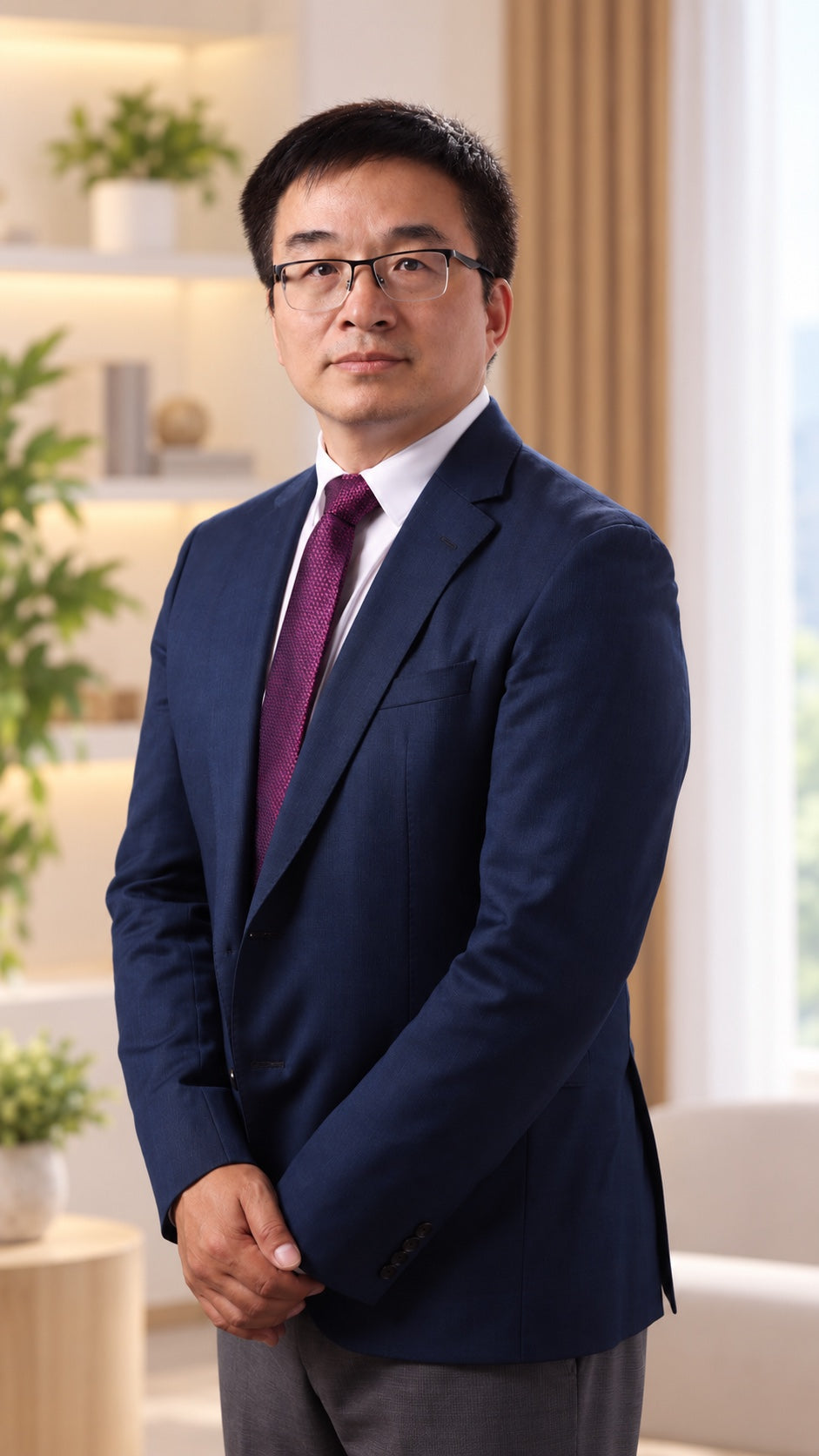 秦鵬,穿著藍色西裝